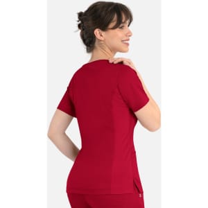 A women's curved mock wrap top in a rich red colour, featuring short sleeves and a fitted design, with branding visible.