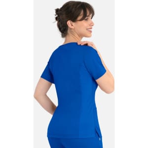 A women's curved mock wrap top in a vibrant blue colour, featuring short sleeves and a stylish design.