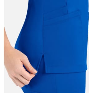 A vibrant blue women's curved mock wrap top featuring side pockets and a stylish design.