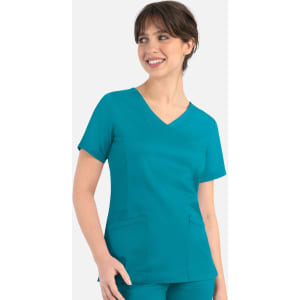 A teal women's curved mock wrap top featuring short sleeves and two front pockets.
