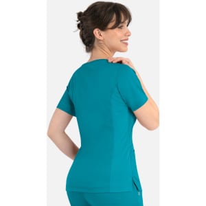 A women's curved mock wrap top in teal, featuring short sleeves and a fitted design from the back view.