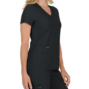 A black scrubs top with a V-neck and two front pockets, featuring a logo on one pocket.