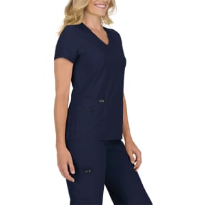 A navy medical top with a V-neck and short sleeves, featuring two front pockets and a logo.