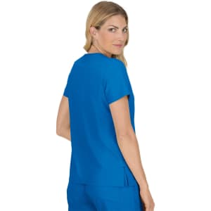 A blue top with a simple design, featuring a back view of a model showcasing its fit. The garment has a logo.