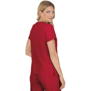 A red medical top with a short sleeve design, featuring a back view and a slight split at the hem.