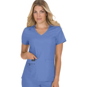 A blue medical scrub top with a V-neck and front pockets, featuring a logo on the side.