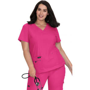 A pink medical scrubs top with a V-neck design, featuring pockets and worn by a model holding a stethoscope.