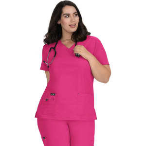 A bright pink scrub top with a V-neck, featuring two front pockets and a logo. A stethoscope is worn around the neck.