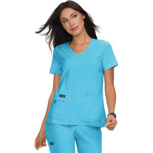 A top in turquoise featuring a V-neck, short sleeves, and two front pockets, set against a neutral background.
