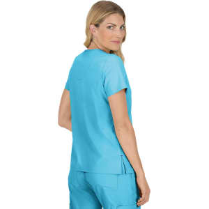 A top in light blue featuring a relaxed fit and short sleeves, displayed on a model from the back.