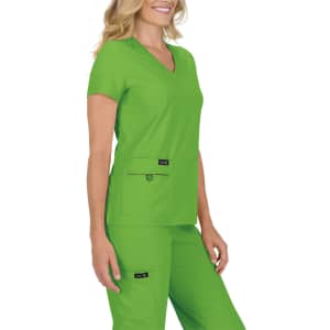 A medical scrubs set in bright green, featuring a V-neck top and matching pants, with pockets and branding.