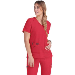 A red v-neck top for medical scrubs, featuring multiple pockets and worn by a model. The top has a logo.