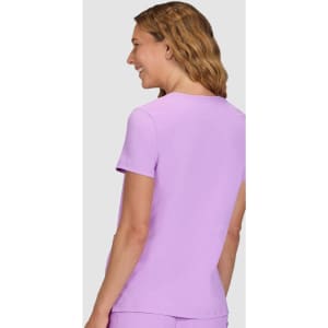A purple top with short sleeves, featuring a simple design and a logo on the back.
