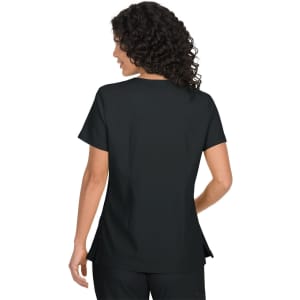 A black women's top featuring short sleeves and a tailored fit, with a logo on the back.