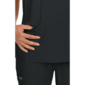 A black medical scrubs top with two front pockets, featuring a textured pattern on one pocket and blue detailing.