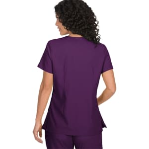 A purple top featuring short sleeves and a relaxed fit, with a back view of the design. The garment has a logo.