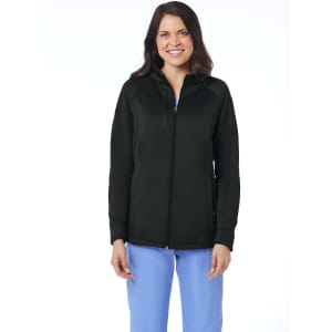 A women's fleece jacket in black, featuring a zip front and a stand-up collar, modelled by a woman.