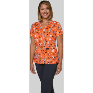 A vibrant orange top featuring a playful animal print, with a flattering V-neck design and short sleeves.