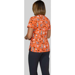 An orange top with a print of various cartoon characters, featured on a model from the back.