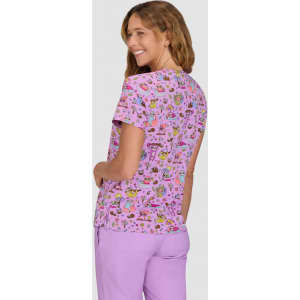 A lilac patterned top featuring a playful design with various colourful illustrations. It has a round neck and short sleeves.