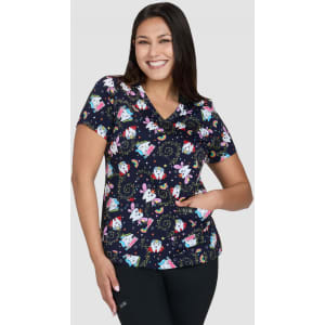 A printed top featuring a navy background with colourful festive designs, short sleeves, and a relaxed fit.