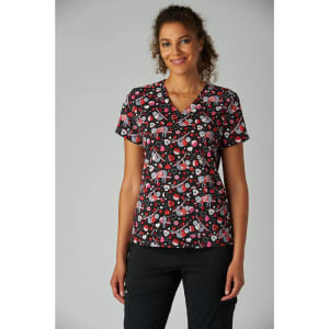 A short-sleeved black top featuring a vibrant pattern of red and white designs, with a logo present.