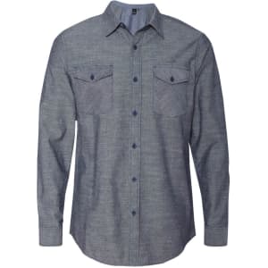 A long sleeve chambray shirt in a blue tone, featuring two front pockets and a button-up design.