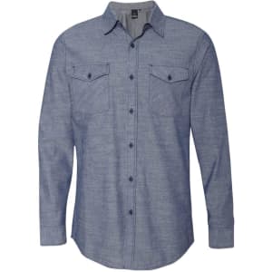 A long sleeve chambray shirt in a blue shade, featuring two front pockets and a button-up design.