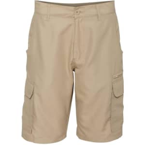 Beige microfiber shorts with side pockets and a branded logo. Suitable for casual or outdoor wear.