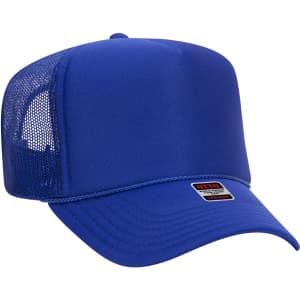 A blue 5 panel trucker hat with a mesh back and a logo on the front.