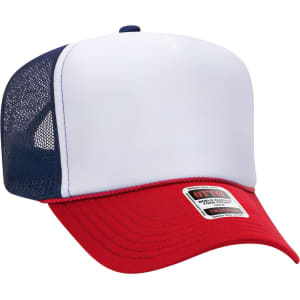 A 5 panel high crown trucker cap with a white front, red brim, and blue mesh back, featuring a logo.