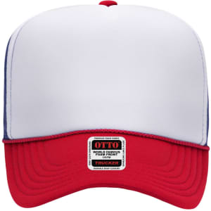 A 5 Panel High Crown Trucker Cap featuring a white front and a red visor, with branding on the underside.