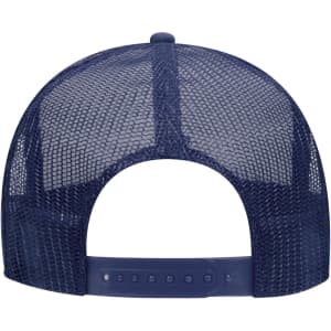 A navy blue 5 Panel High Crown Trucker Cap with a mesh back and an adjustable strap.