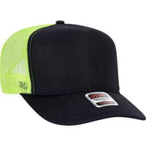 A high crown trucker cap in black with a neon yellow mesh back, featuring a logo on the front.