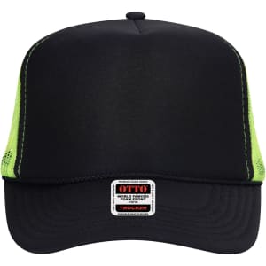 A high crown trucker cap featuring a black front and bright green mesh sides, with a logo on the front.