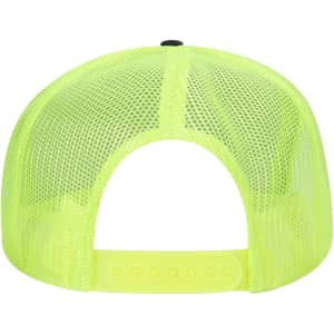 A bright yellow 5 panel high crown trucker cap with a mesh back and adjustable strap.