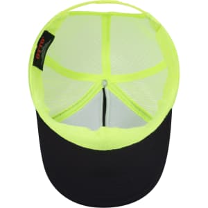A 5 panel high crown trucker cap featuring a black exterior and neon yellow mesh interior with a logo.
