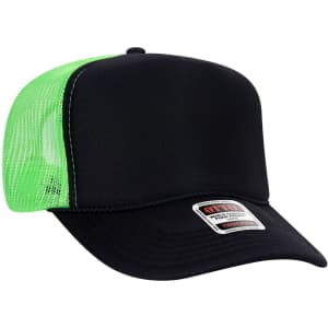 A black 5 panel high crown trucker cap with bright green mesh side panels and an attached logo.