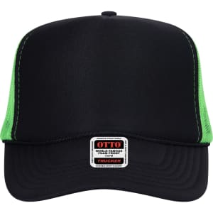 A black and lime green 5 panel high crown trucker cap with a logo on the front.