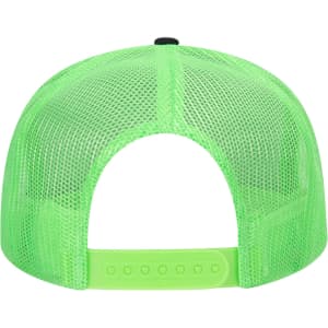 A bright green 5 Panel High Crown Trucker Cap with a mesh back and an adjustable snap closure.