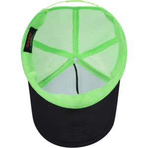 A high crown trucker cap in black with a bright green mesh interior and brim, featuring a logo inside.