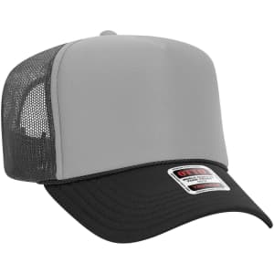 A grey and black 5 Panel High Crown Trucker Cap with a mesh back and a logo on the front.