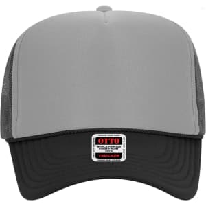 A grey and black 5 Panel High Crown Trucker Cap featuring mesh sides and a branding label on the front.