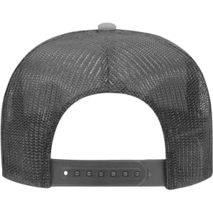 A grey 5 Panel High Crown Trucker Cap featuring a mesh back and adjustable strap.