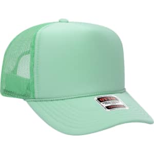 A mint green 5 Panel High Crown Trucker Cap with a mesh back and a logo label.