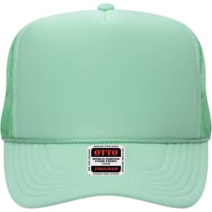 A mint green 5 Panel High Crown Trucker Cap with mesh sides and a logo on the front.