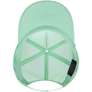 A mint green 5 Panel High Crown Trucker Cap featuring mesh panels and a logo on the back.