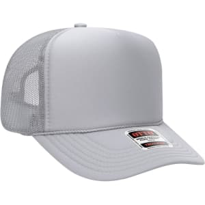 A grey 5 panel high crown trucker cap with a mesh back and a branded label on the front.