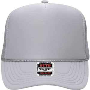 A grey 5 Panel High Crown Trucker Cap with a foam front and a logo on the front panel.