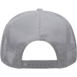 A grey 5 Panel High Crown Trucker Cap with a mesh back and adjustable strap. It features a logo on the side.